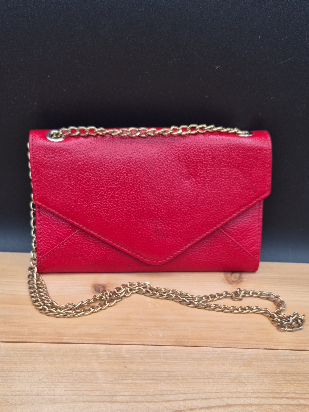Barneys New York Red Pebbled Leather Envelope Crossbody Clutch Wallet on Chain